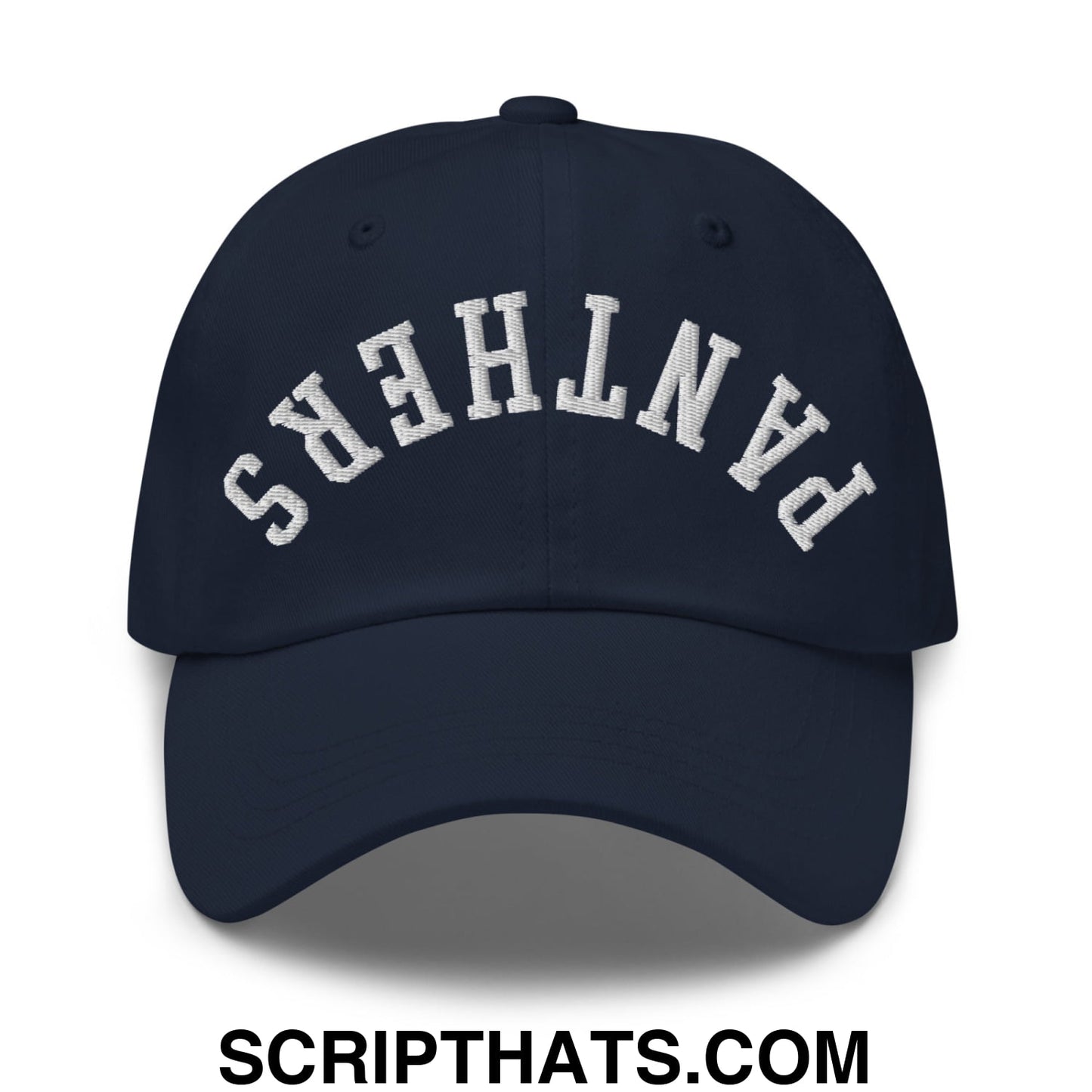 Navy blue unstructured dad hat with white embroidered panthers lettering in an arched design called upside down panthers