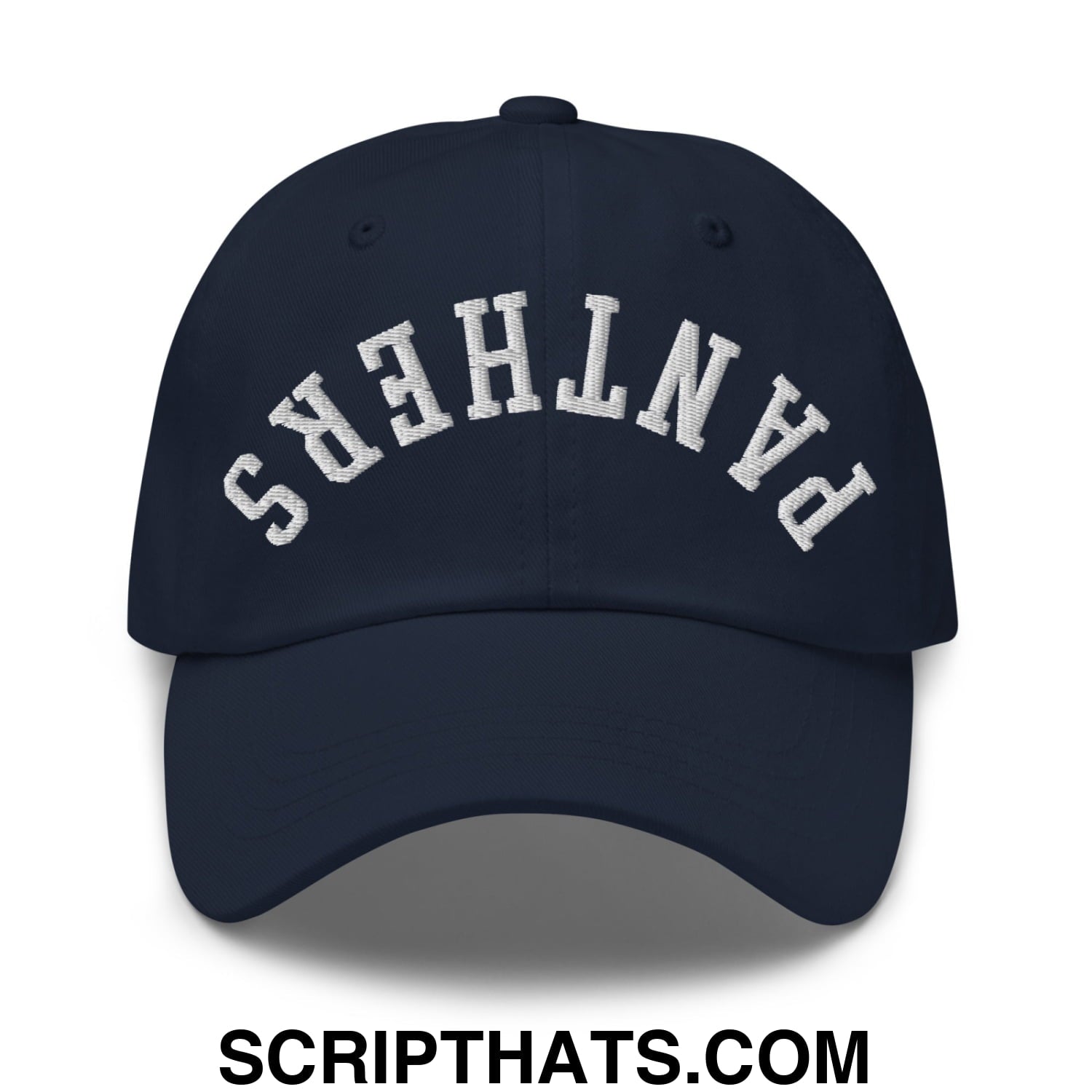 Navy blue unstructured dad hat with white embroidered panthers lettering in an arched design called upside down panthers