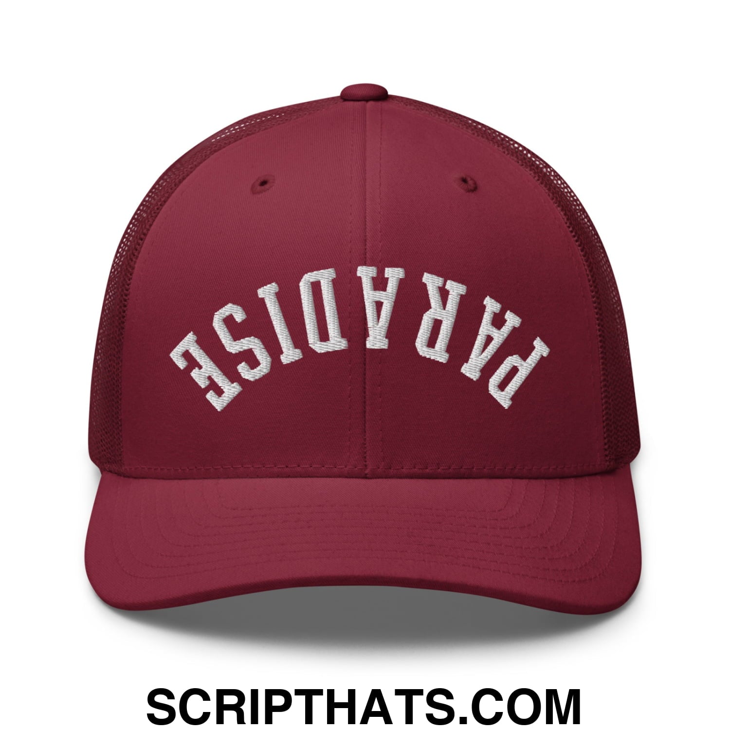 Upside Down Paradise Embroidered Mesh Trucker Hat Cranberry