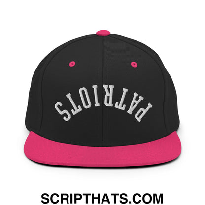 Black snapback cap with vibrant pink flat bill brim and button featuring white embroidered patriots text