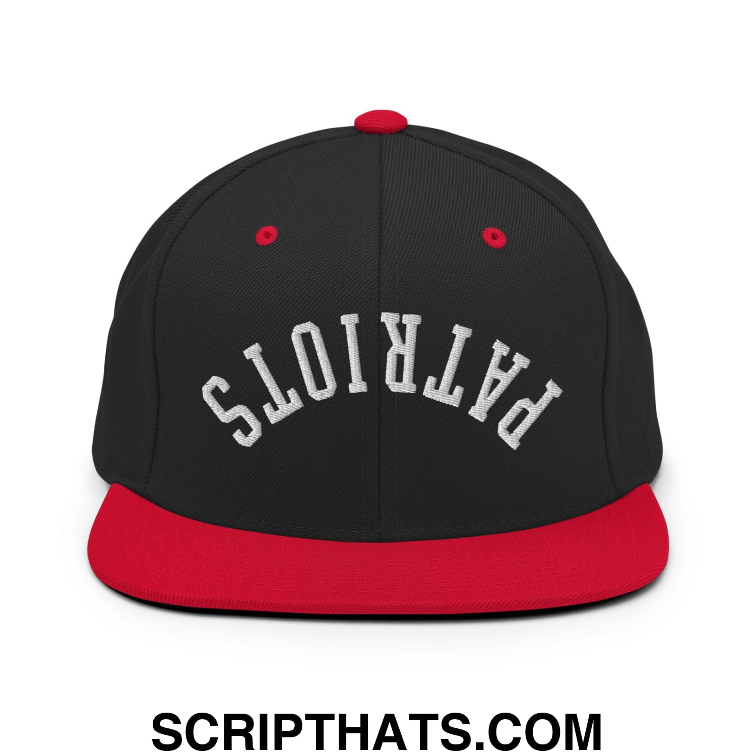 Black and red snapback hat with white embroidered patriots lettering and a flat bill brim design