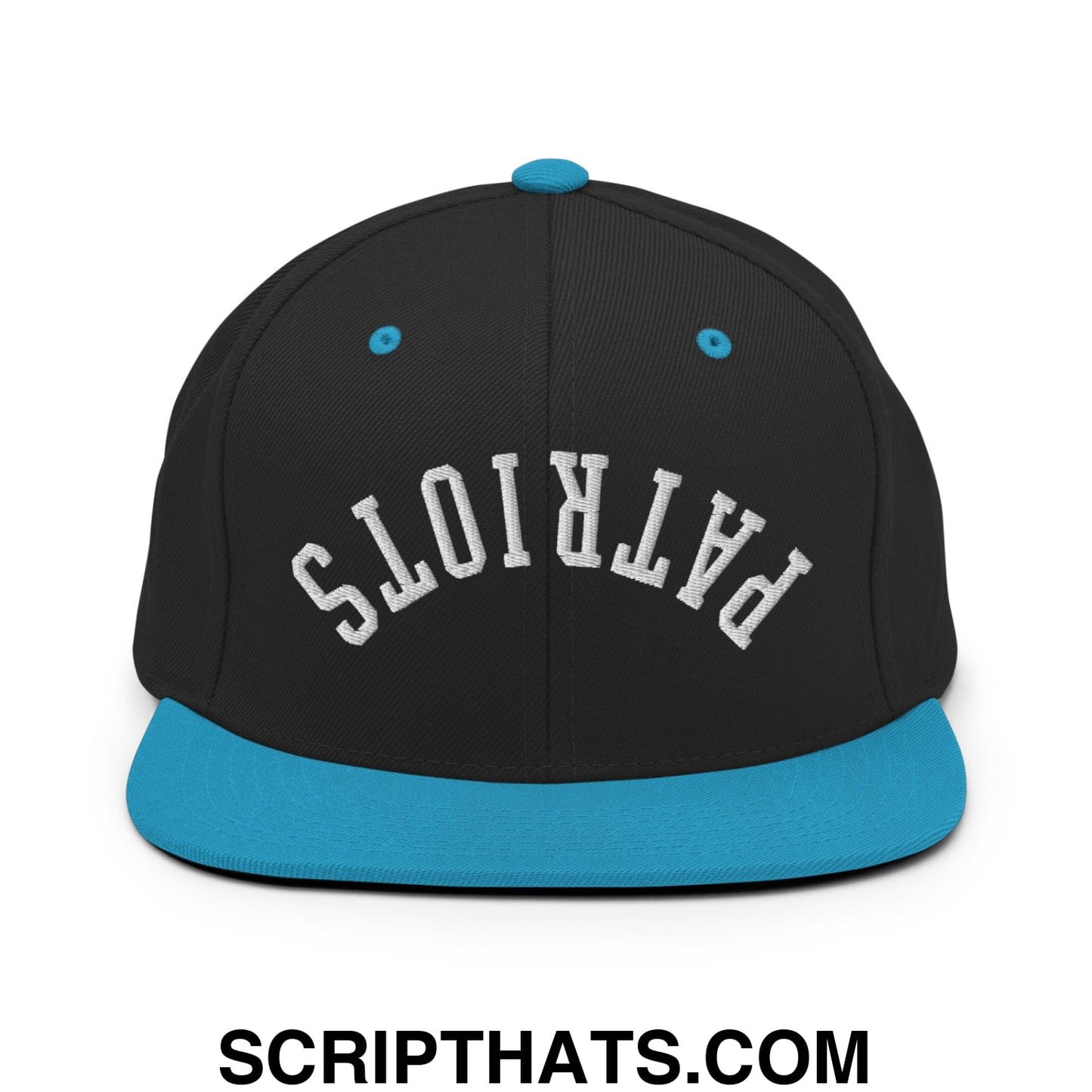 Black snapback cap with teal brim and button featuring white embroidered patriots in arched lettering