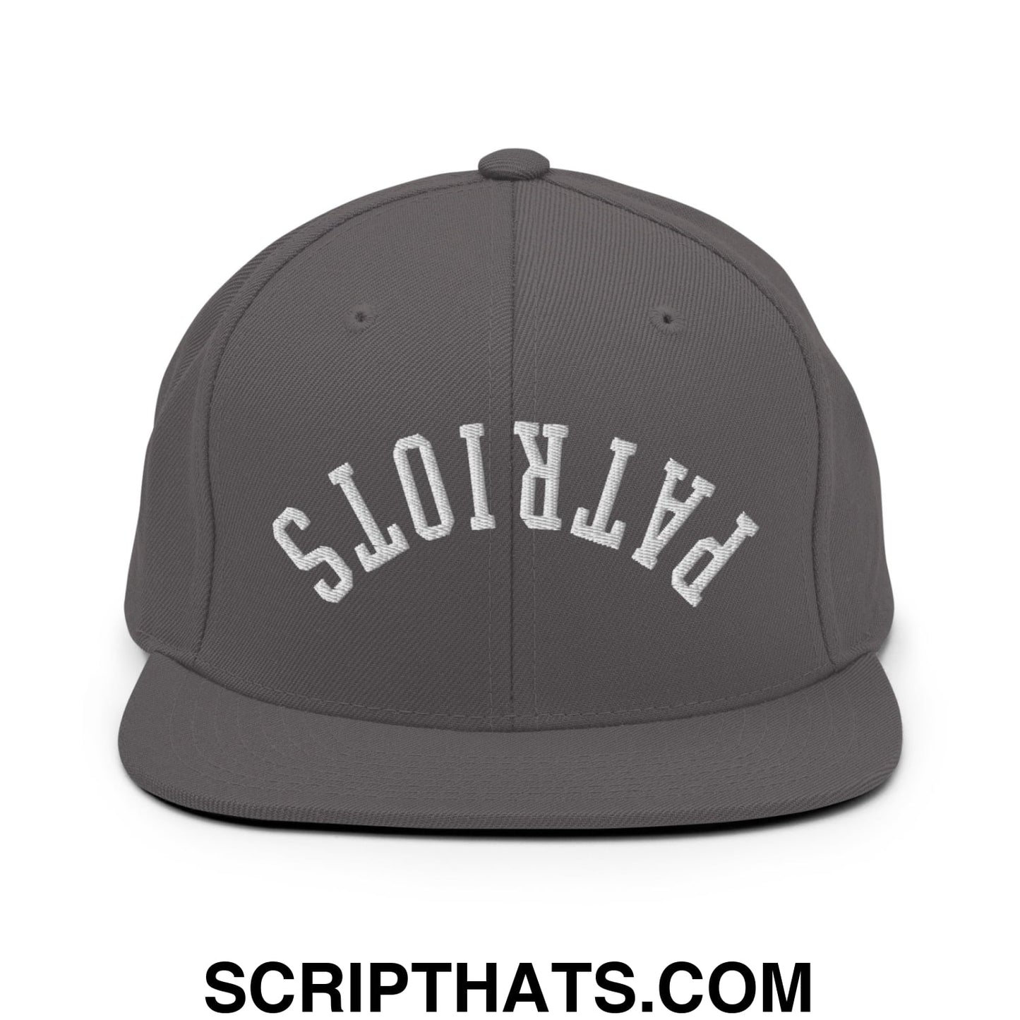 Gray snapback hat with white embroidered patriots lettering in arched design and flat bill brim