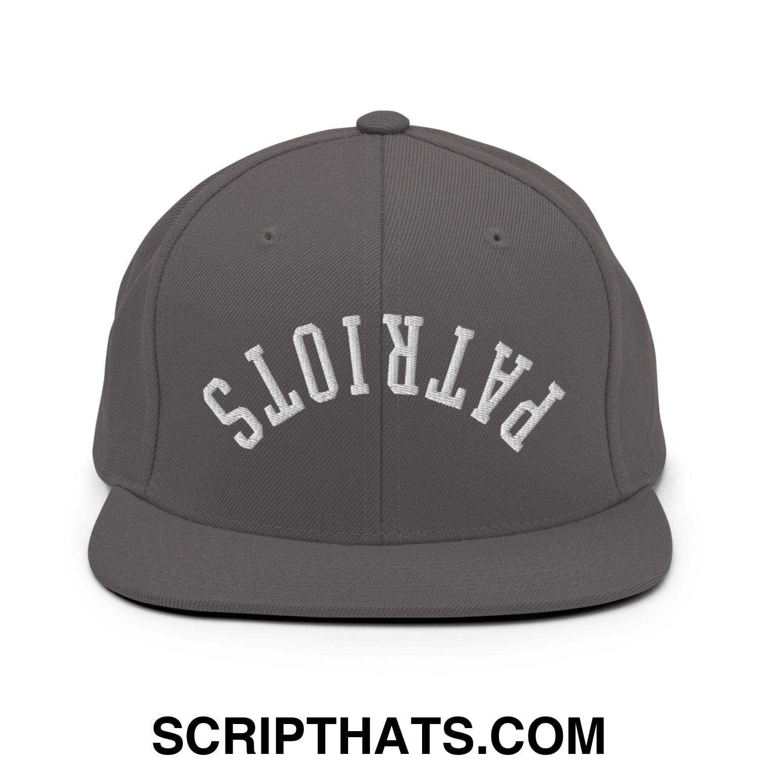 Gray snapback hat with white embroidered patriots lettering in arched design and flat bill brim