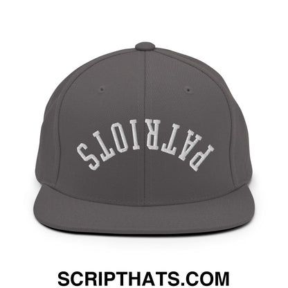 Gray snapback hat with white embroidered patriots lettering in arched design and flat bill brim