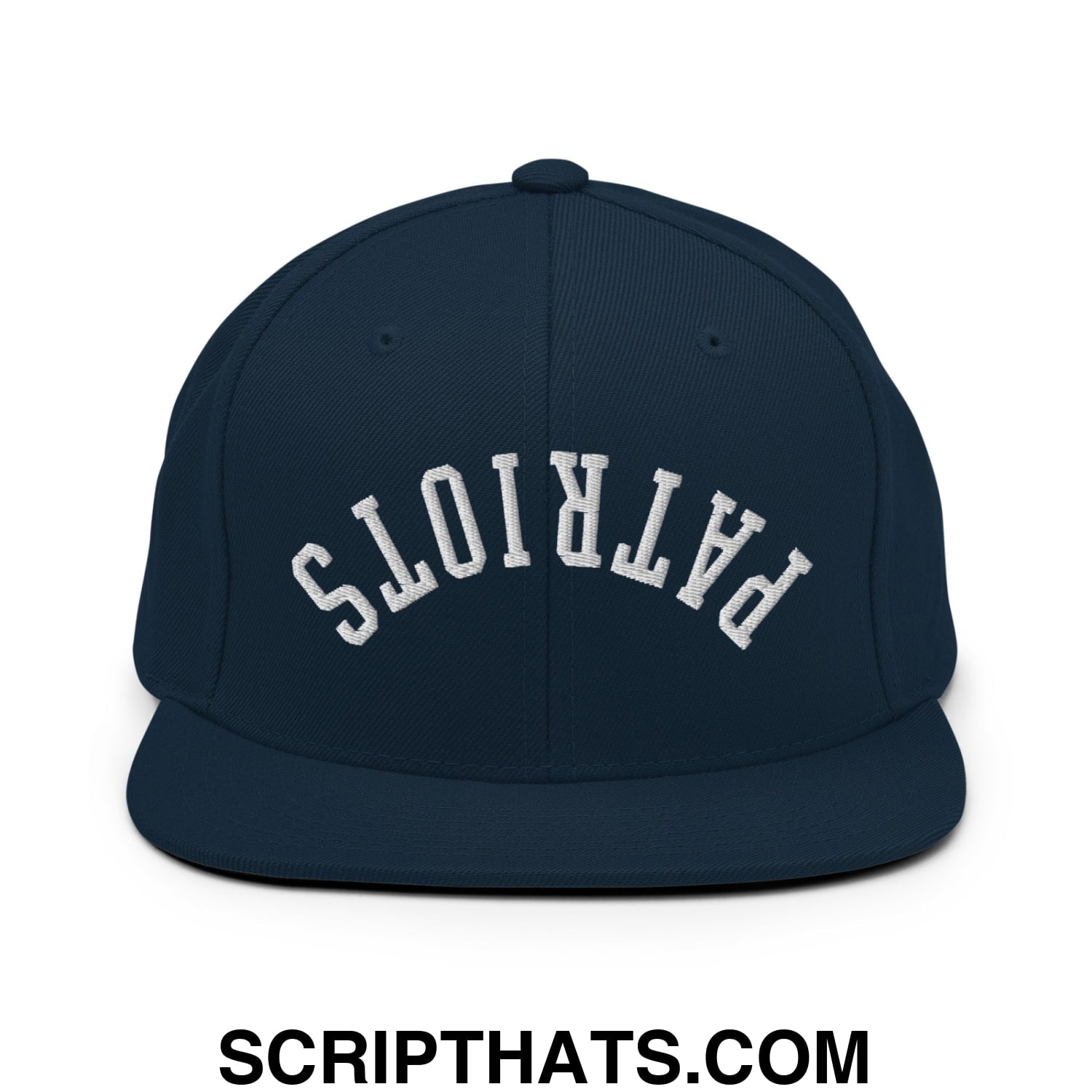 Navy blue snapback hat with white embroidered patriots lettering and flat bill brim for casual wear