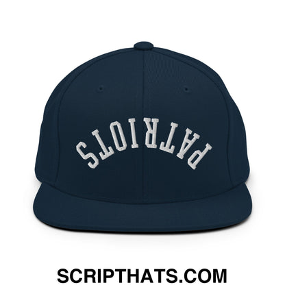 Navy blue snapback hat with white embroidered patriots lettering and flat bill brim for casual wear