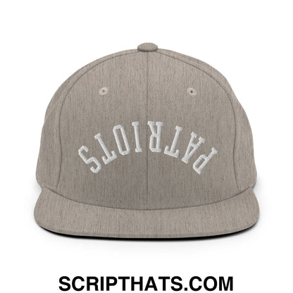Gray heathered snapback cap with white arched patriots embroidery and flat bill brim for casual wear