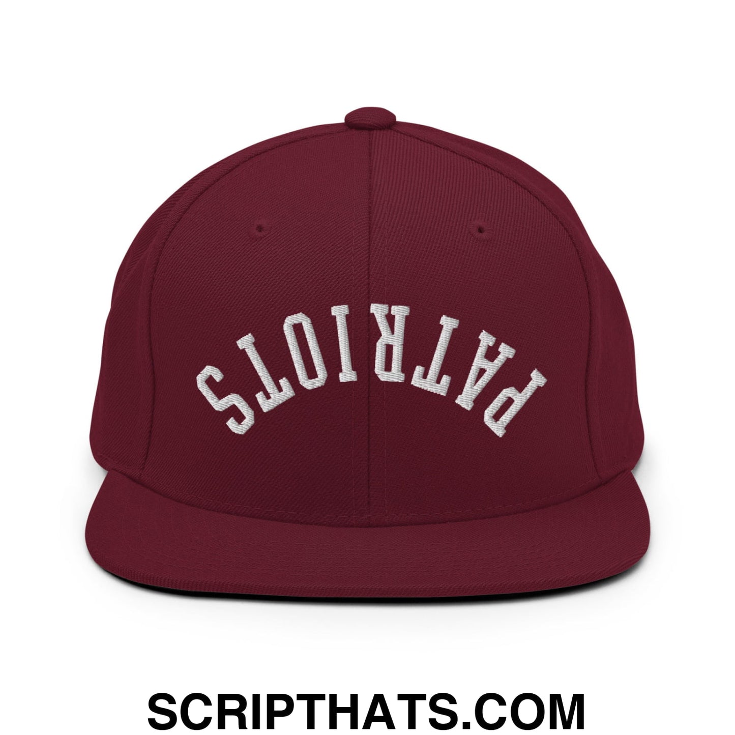 Maroon upside down patriots embroidered flat bill brim snapback hat with white arched lettering front view