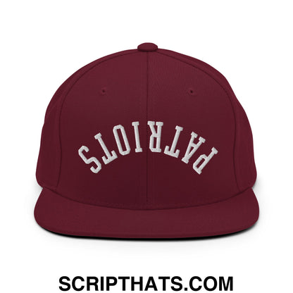 Maroon upside down patriots embroidered flat bill brim snapback hat with white arched lettering front view