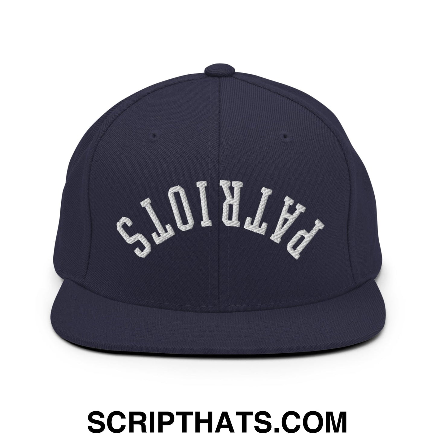 Navy blue snapback hat with white embroidered patriots lettering and flat bill brim in upside down design