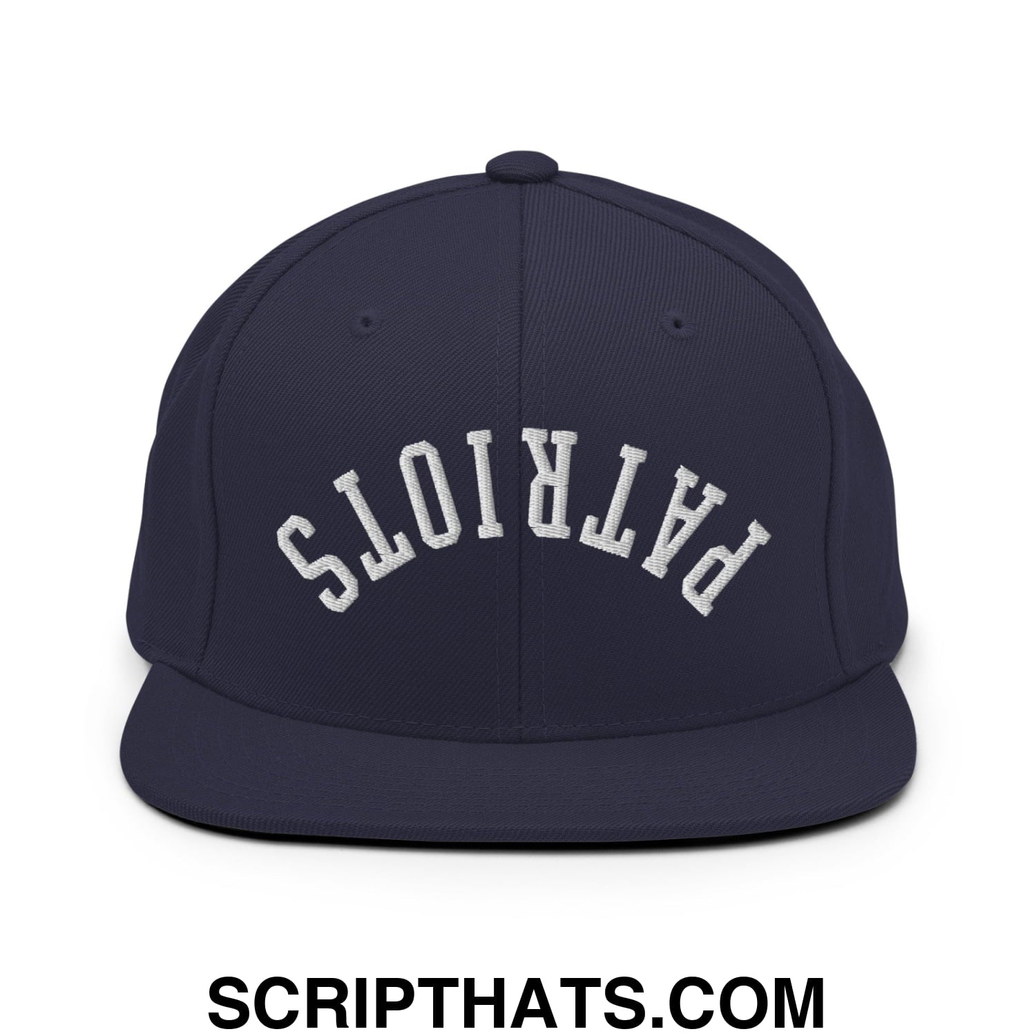 Navy blue snapback hat with white embroidered patriots lettering and flat bill brim in upside down design