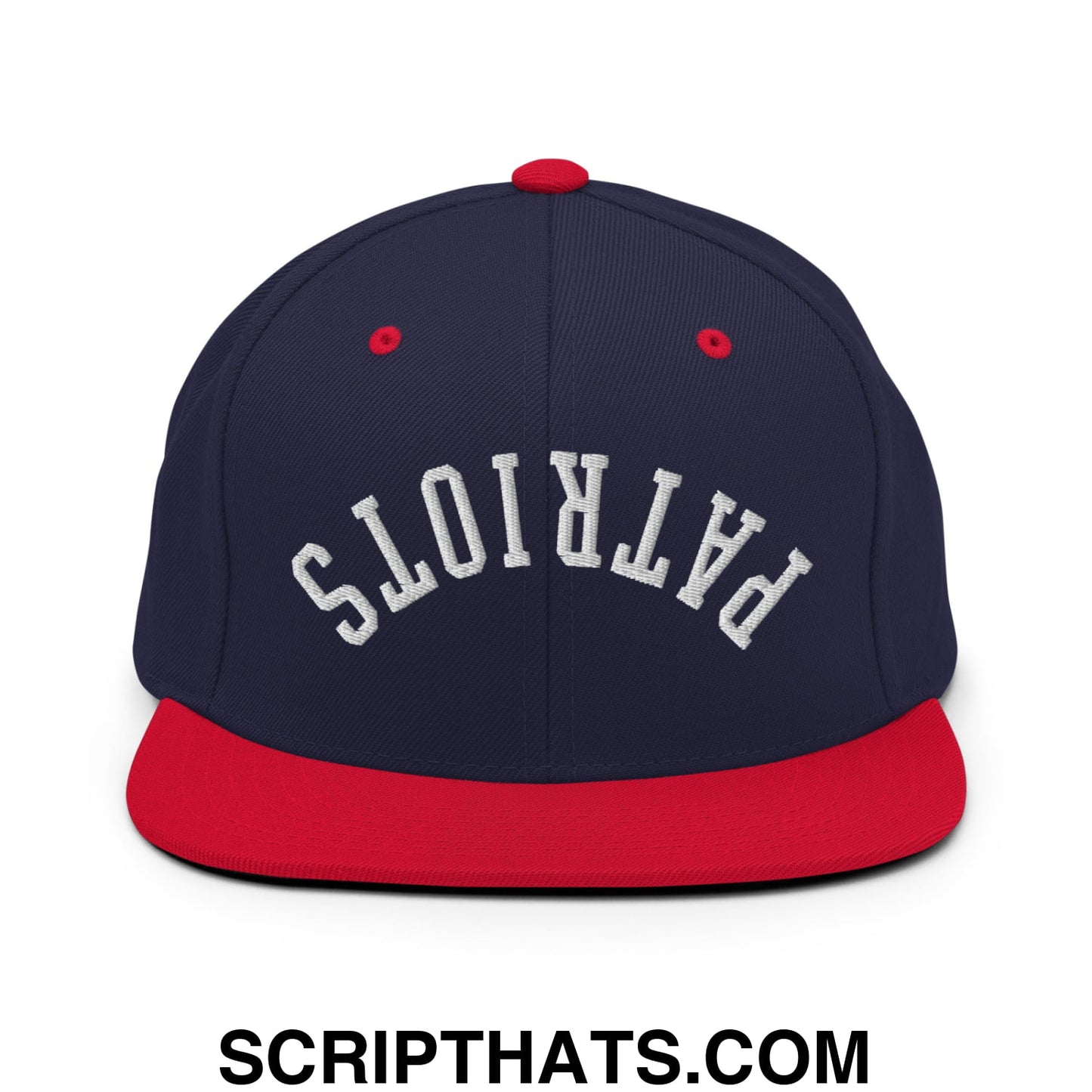 Navy blue and red snapback hat with white embroidered patriots lettering and flat bill brim for casual wear
