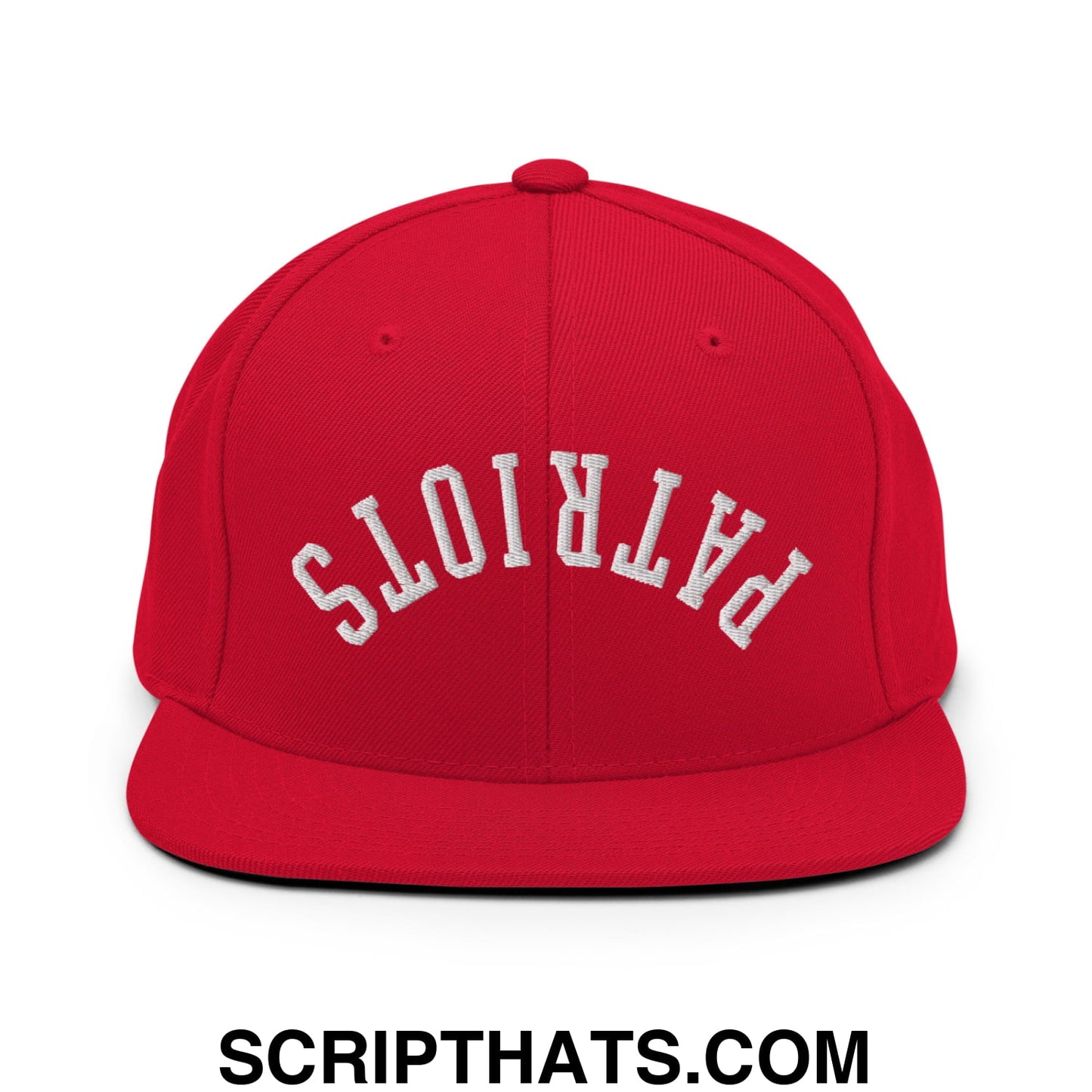Red snapback cap with white embroidered patriots lettering and flat bill brim in an upside down design
