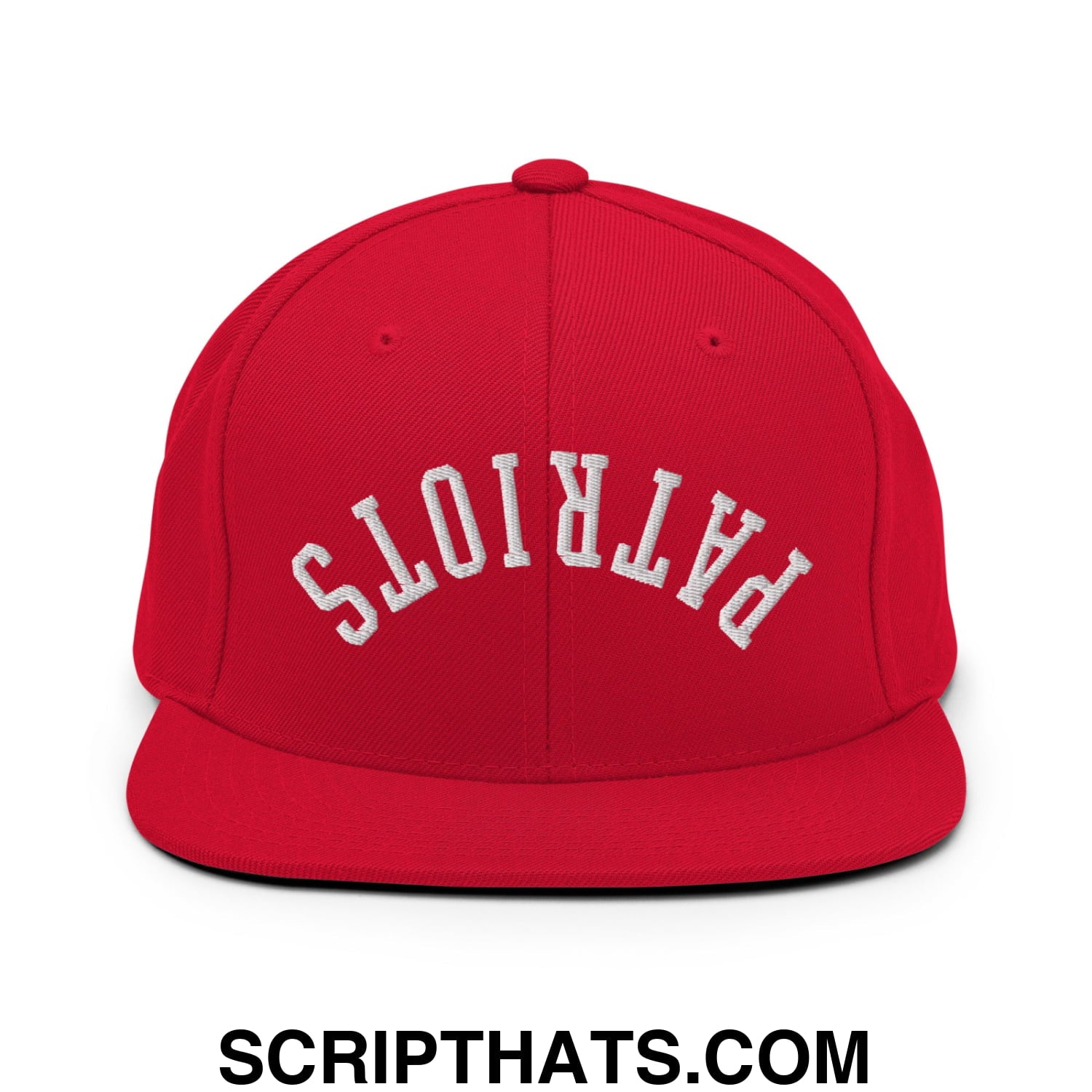 Red snapback cap with white embroidered patriots lettering and flat bill brim in an upside down design