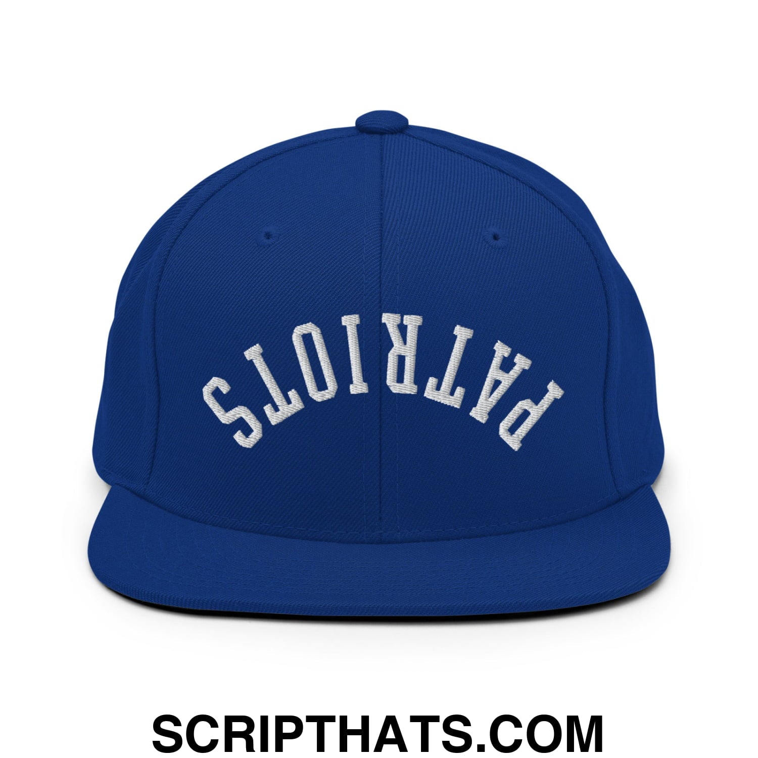 Royal blue snapback cap with white embroidered patriots lettering in arched design and flat bill brim
