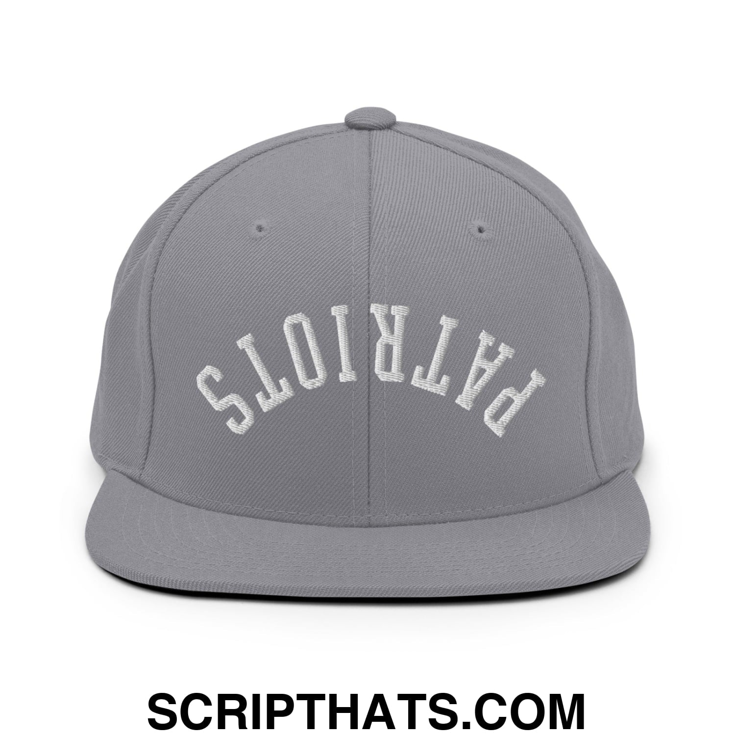 Gray snapback hat with white embroidered patriots lettering in an arched design and flat bill brim