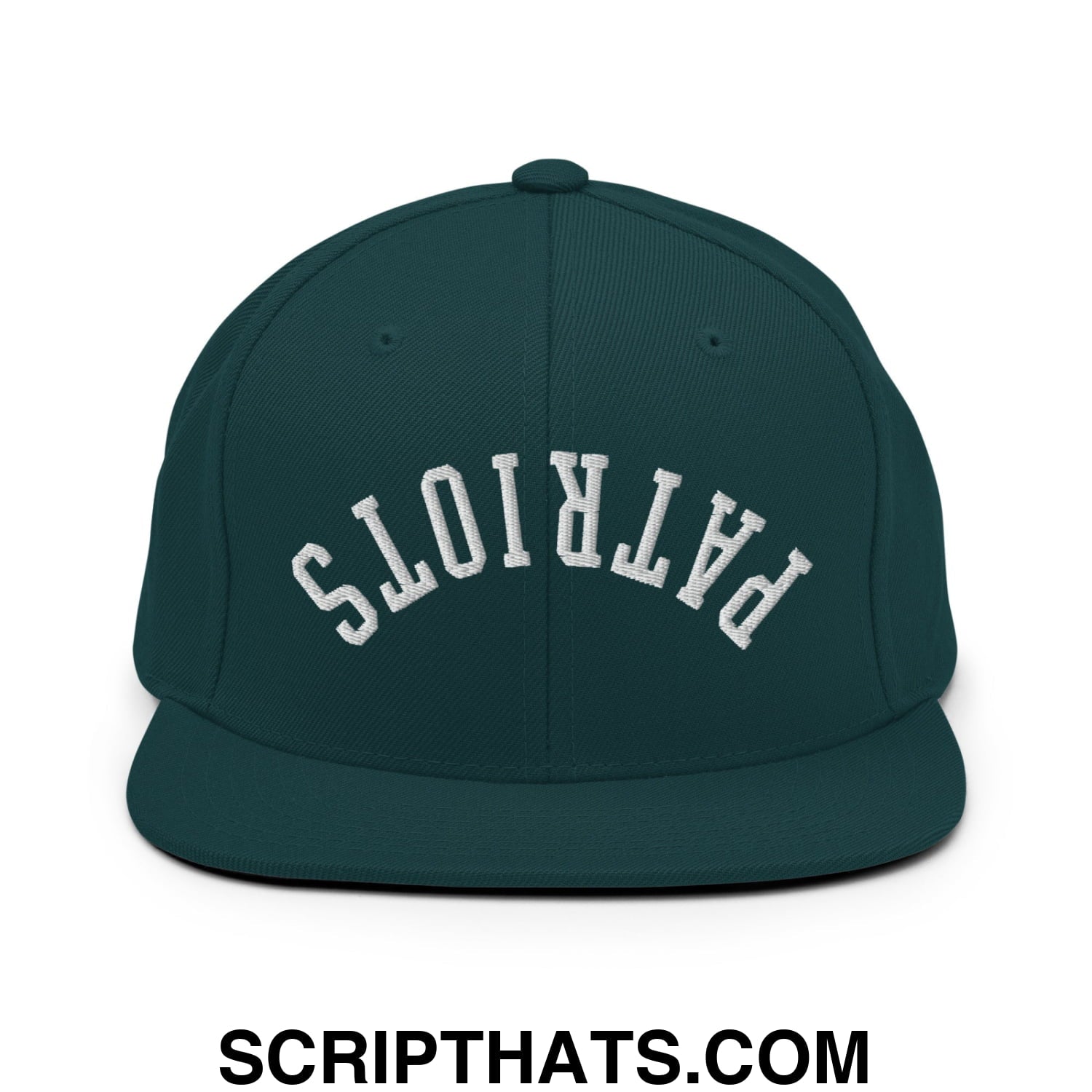 Dark green snapback hat with white embroidered patriots lettering and flat bill brim for casual wear