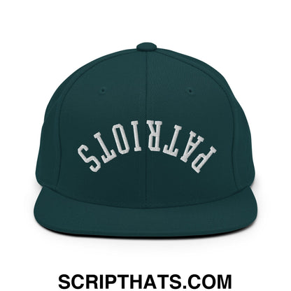 Dark green snapback hat with white embroidered patriots lettering and flat bill brim for casual wear