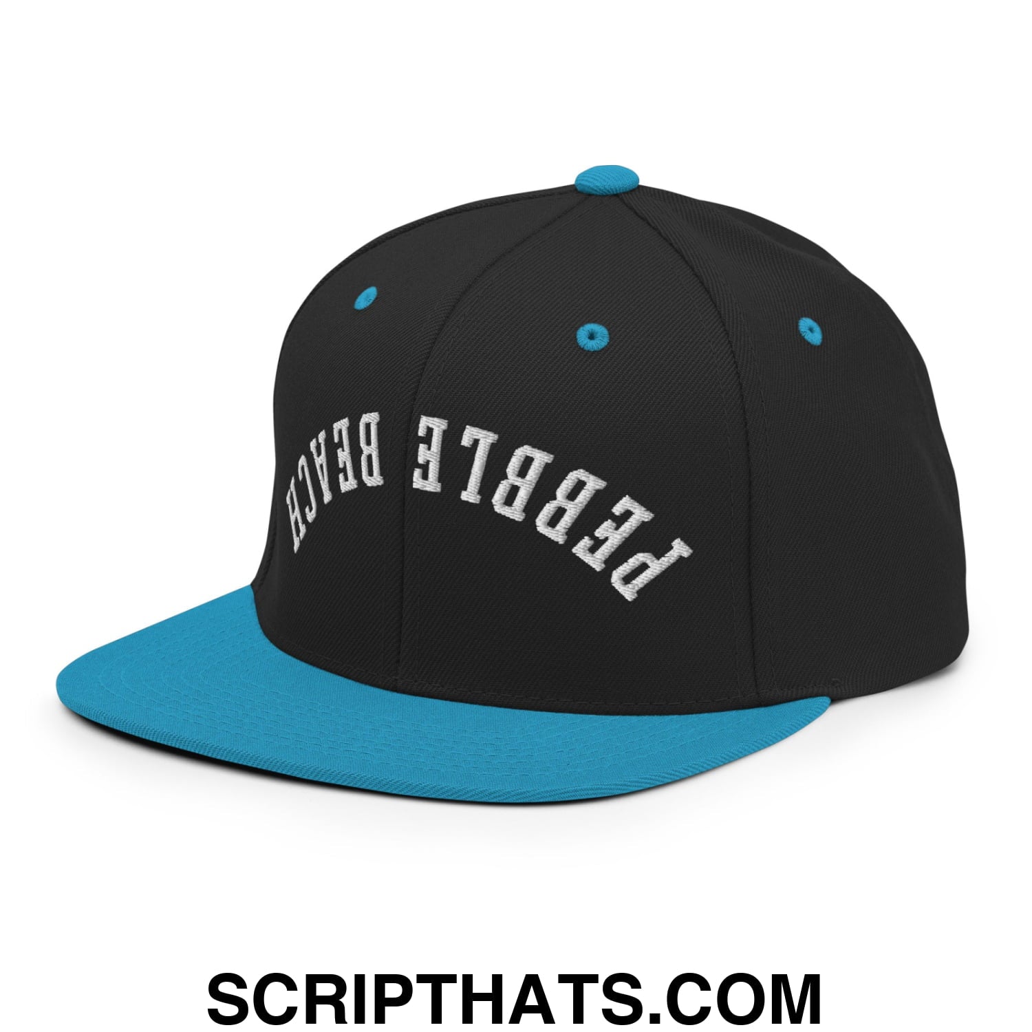 Upside Down Pebble Beach Embroidered Flat Bill Brim Snapback Hat Black Teal