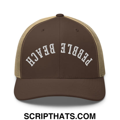 Upside Down Pebble Beach Embroidered Mesh Trucker Hat Brown Khaki