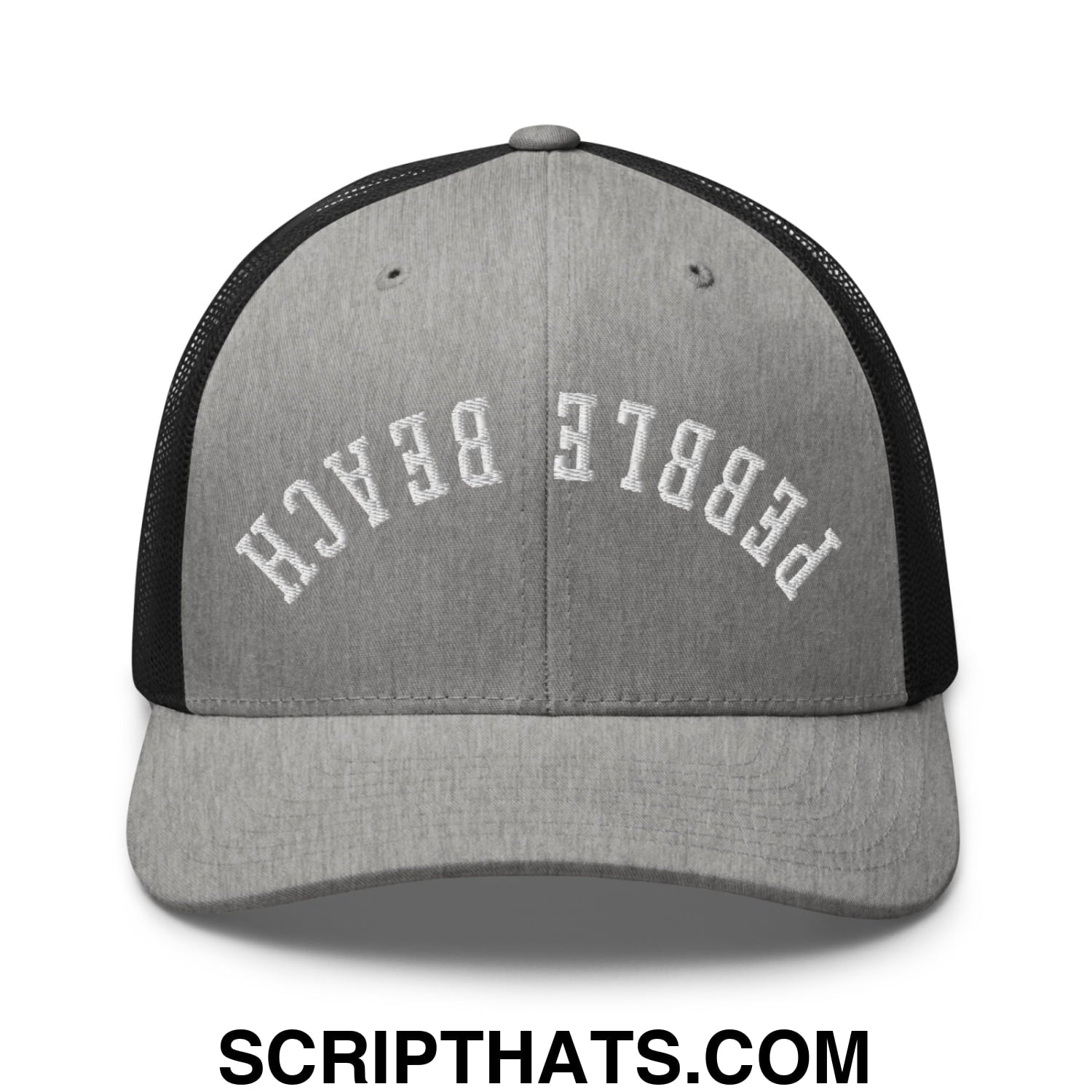 Upside Down Pebble Beach Embroidered Mesh Trucker Hat Heather Black