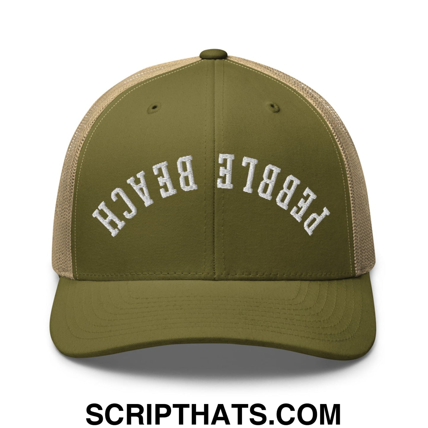 Upside Down Pebble Beach Embroidered Mesh Trucker Hat Moss Khaki