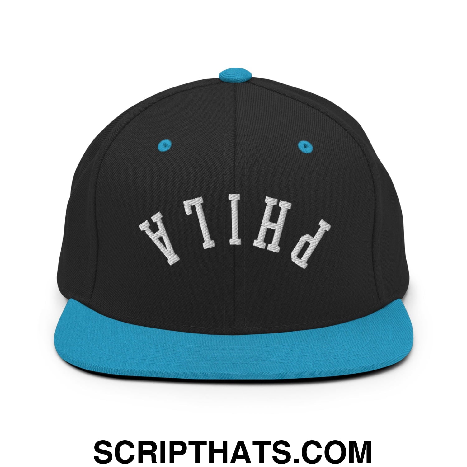 Upside Down Phila Embroidered Flat Bill Brim Snapback Hat Black Teal