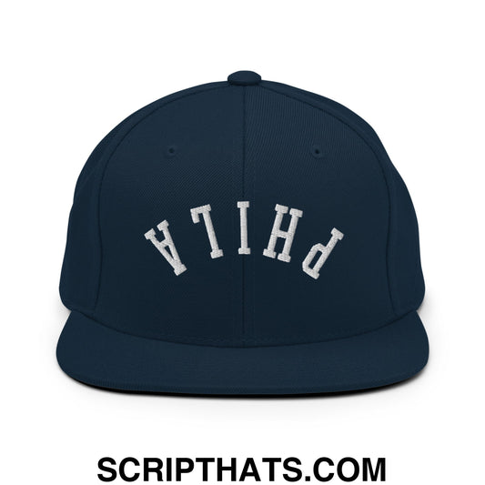Upside Down Phila Embroidered Flat Bill Brim Snapback Hat Dark Navy