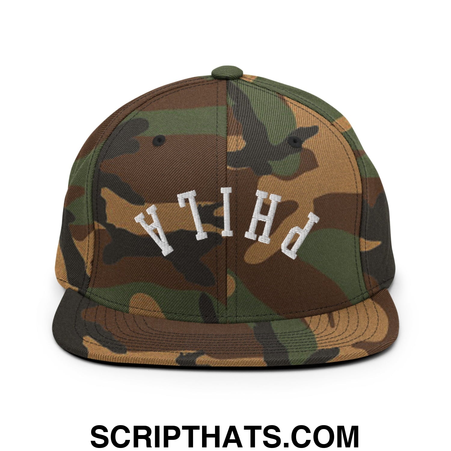 Upside Down Phila Embroidered Flat Bill Brim Snapback Hat Green Camo