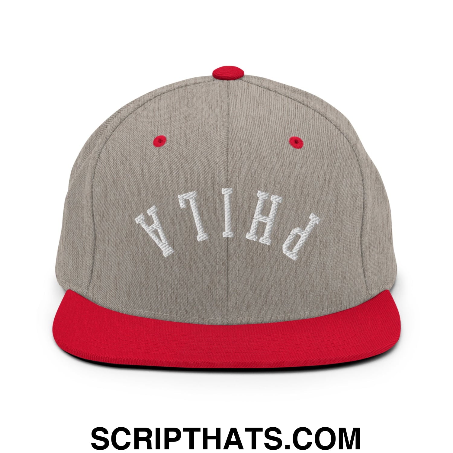 Upside Down Phila Embroidered Flat Bill Brim Snapback Hat Heather Grey Red