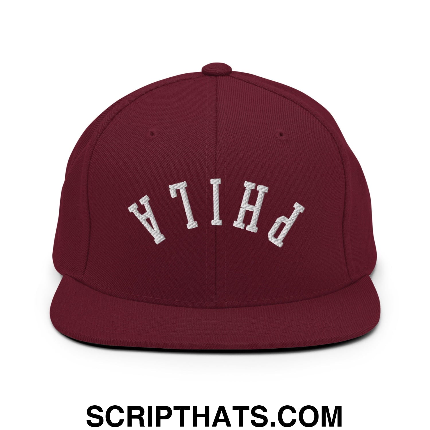 Upside Down Phila Embroidered Flat Bill Brim Snapback Hat Maroon