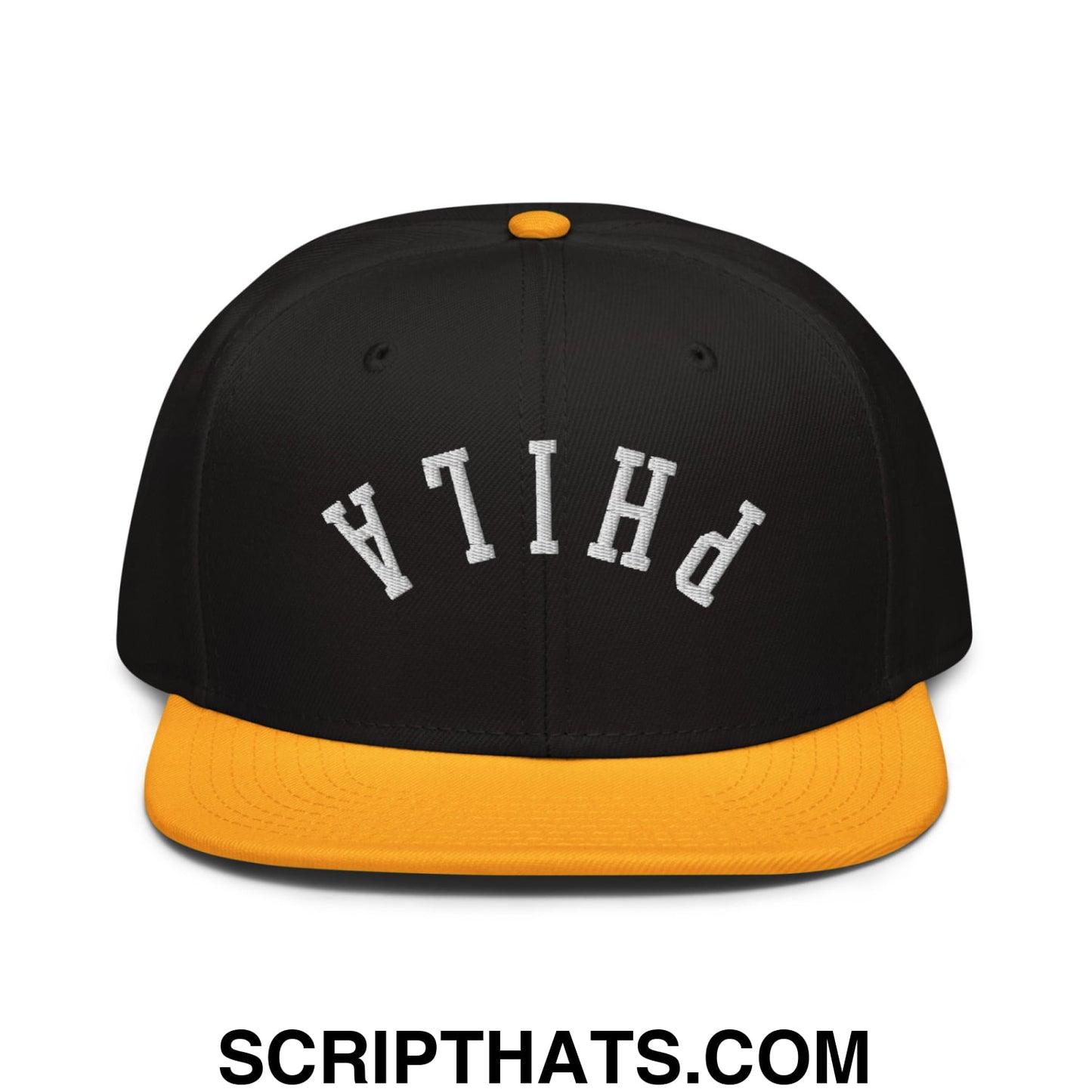 Upside Down Phila Embroidered Flat Brim Bill Snapback Hat Gold Black Black