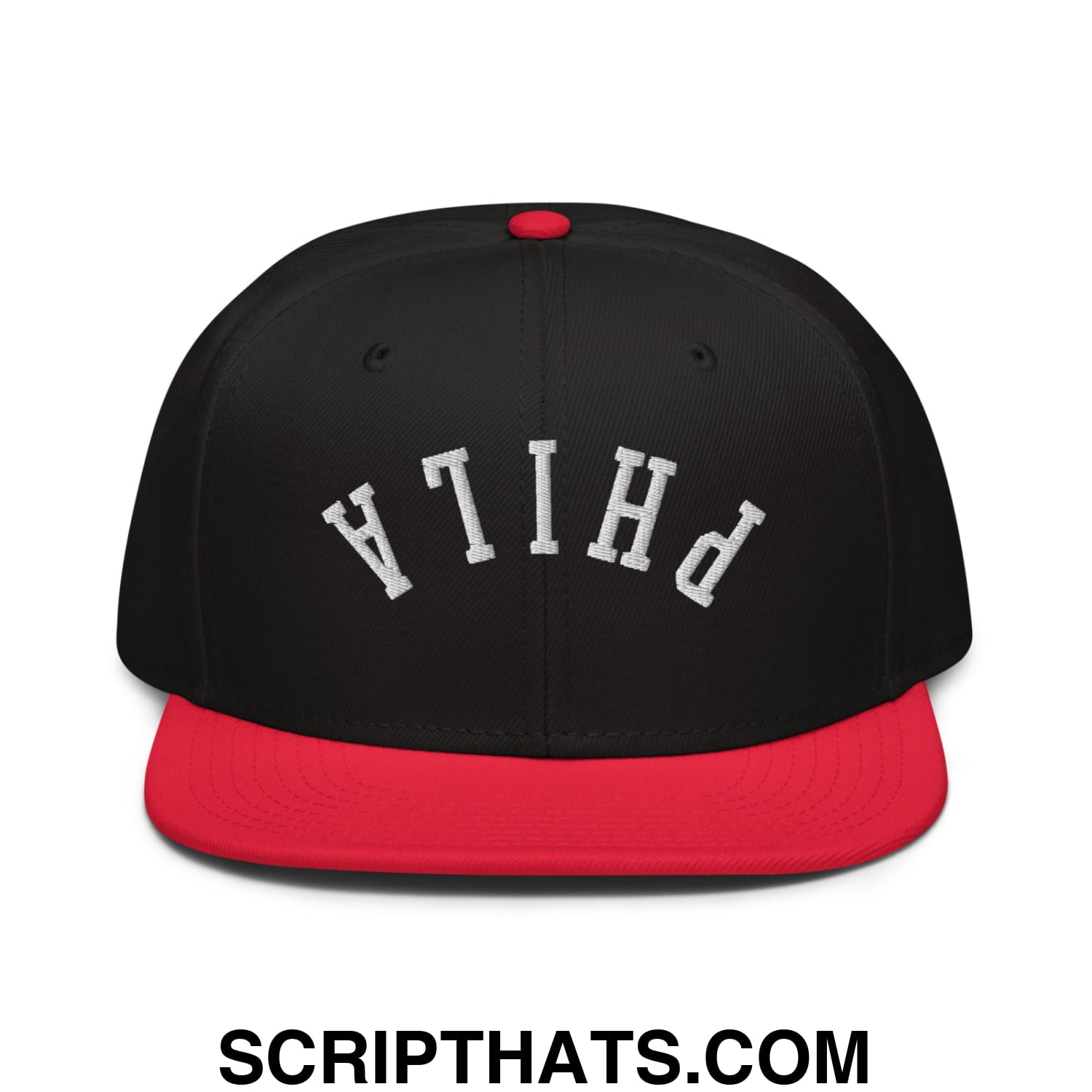 Upside Down Phila Embroidered Flat Brim Bill Snapback Hat Red Black Black