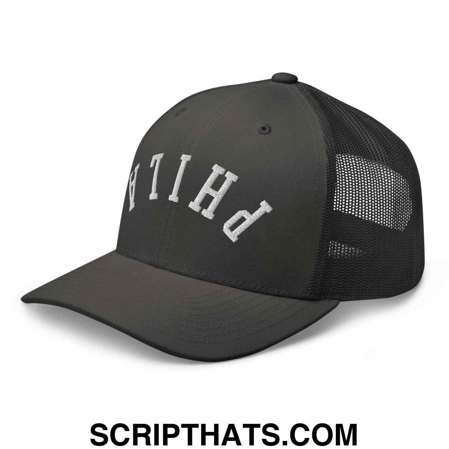 Upside Down Phila Embroidered Mesh Trucker Hat Charcoal