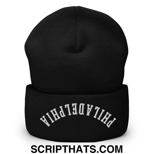 Upside Down Philadelphia Embroidered Cuffed Knit Beanie Black