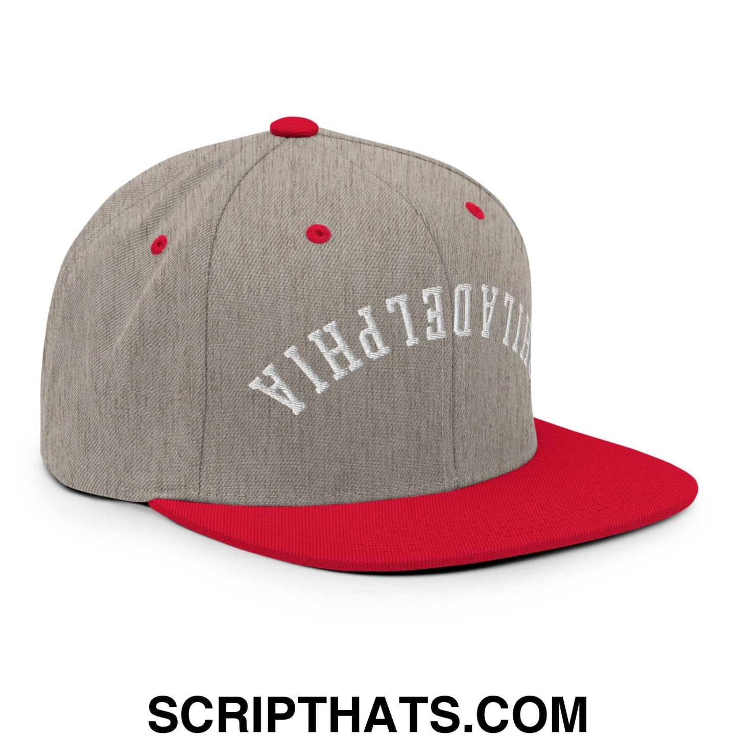 Upside Down Philadelphia Embroidered Flat Bill Brim Snapback Hat Heather Grey Red