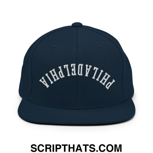 Upside Down Philadelphia Embroidered Flat Bill Brim Snapback Hat Dark Navy