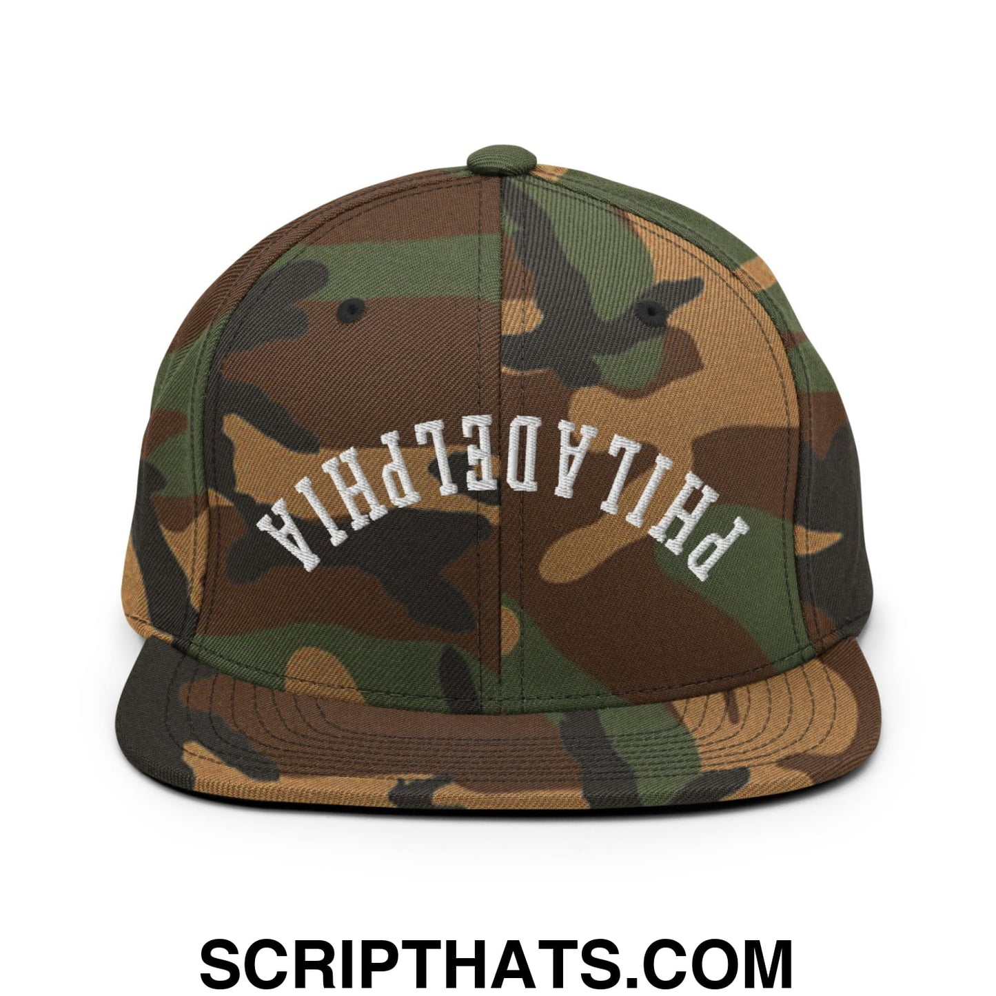 Upside Down Philadelphia Embroidered Flat Bill Brim Snapback Hat Green Camo