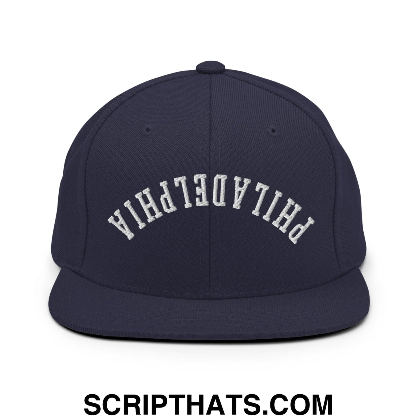 Upside Down Philadelphia Embroidered Flat Bill Brim Snapback Hat Navy