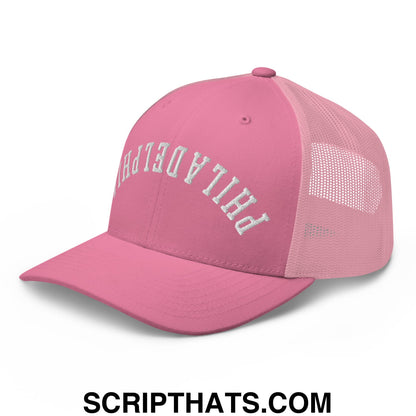 Upside Down Philadelphia Embroidered Mesh Trucker Hat Pink