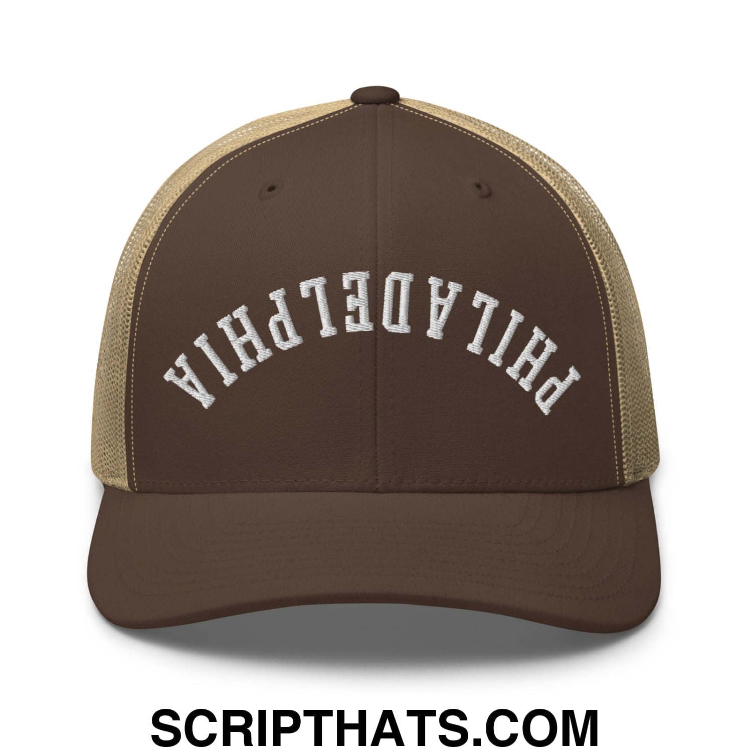 Upside Down Philadelphia Embroidered Mesh Trucker Hat Brown Khaki