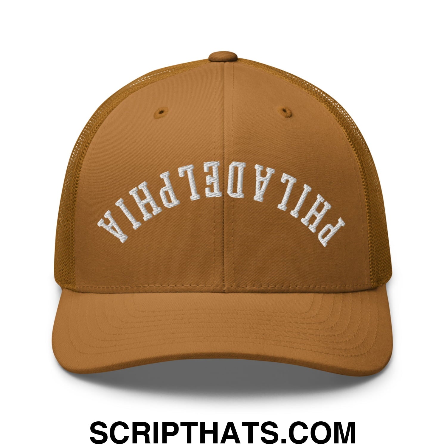 Upside Down Philadelphia Embroidered Mesh Trucker Hat Caramel