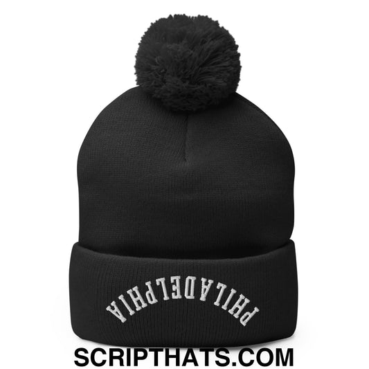 Upside Down Philadelphia Embroidered Pom Pom Knit Beanie Black