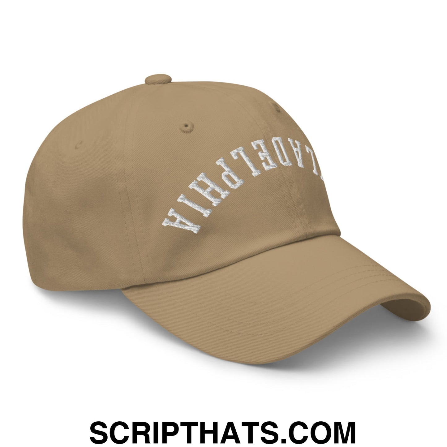 Upside Down Philadelphia Embroidered Unstructured Dad Hat Khaki
