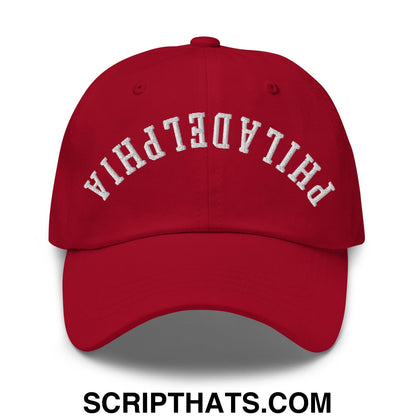 Upside Down Philadelphia Embroidered Unstructured Dad Hat Cranberry