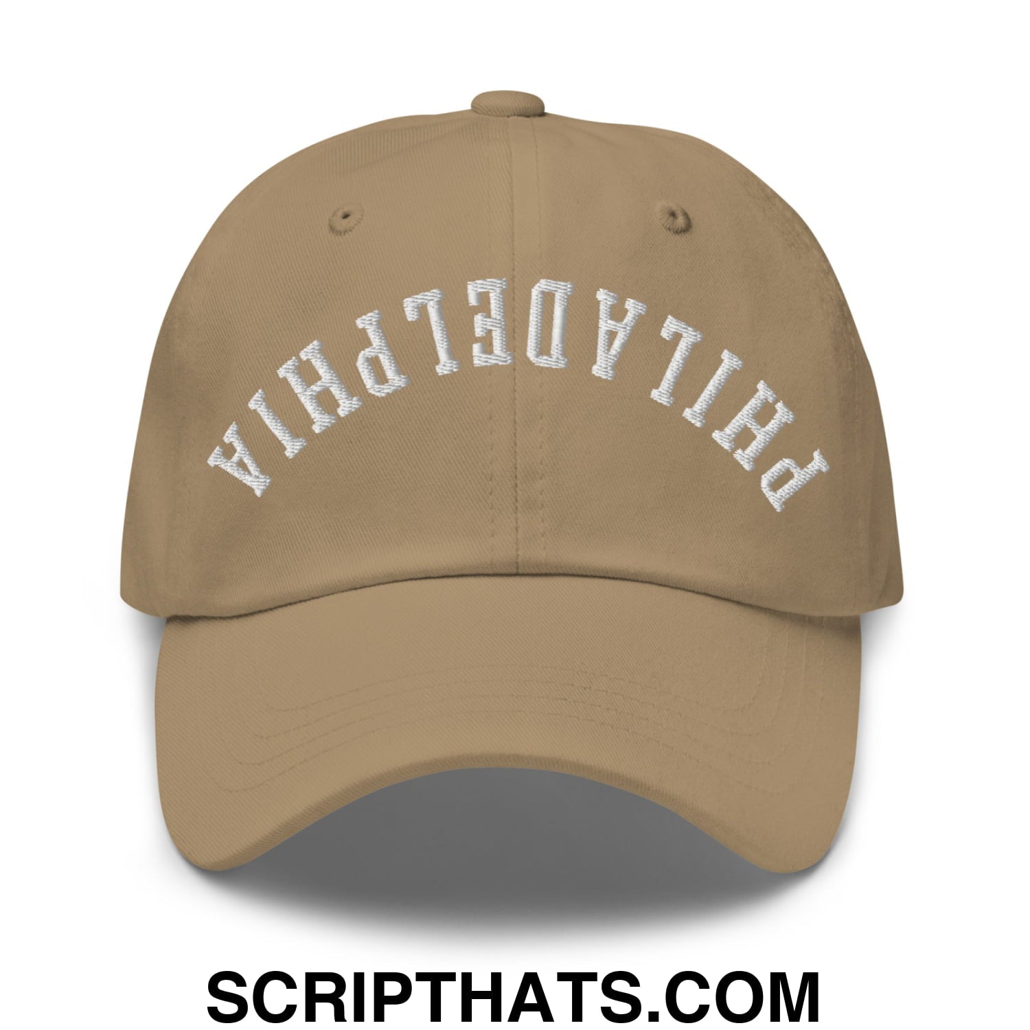 Upside Down Philadelphia Embroidered Unstructured Dad Hat Khaki
