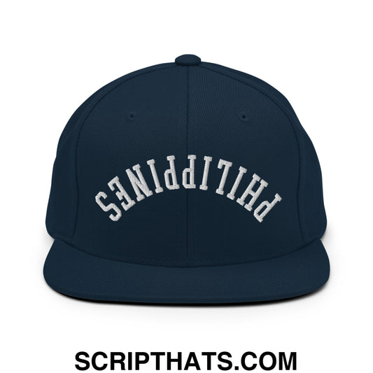 Navy blue snapback hat with white embroidered philippines arch and flat bill brim for casual streetwear