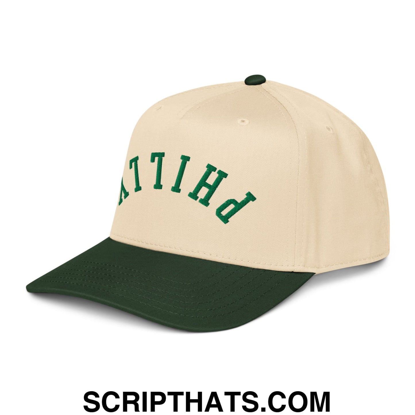 Upside Down Philly Embroidered Baseball Snapback Hat Dark Green Natural