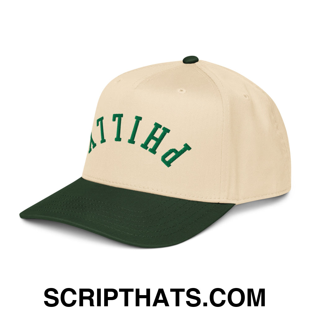 Upside Down Philly Embroidered Baseball Snapback Hat Dark Green Natural